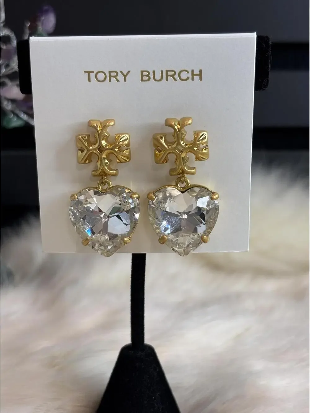 Tory Burch Gold Tone Heart Crystal Drop Earrings